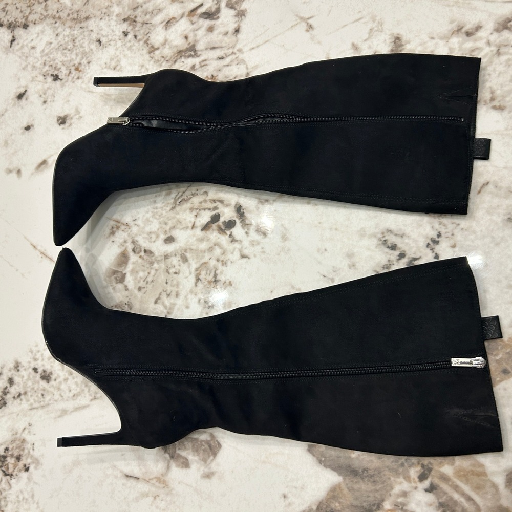 NY Collection Black Suede Pointed Toe Stiletto Heel Knee High Boots Size 8 - Picture 10 of 10